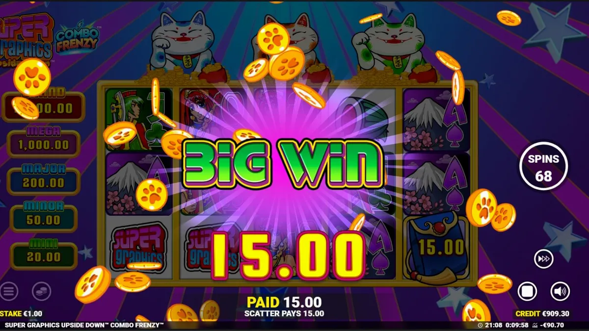 Interface vibrante e colorida do slot Super Graphics Upside Down com tema de anime e gatos da sorte